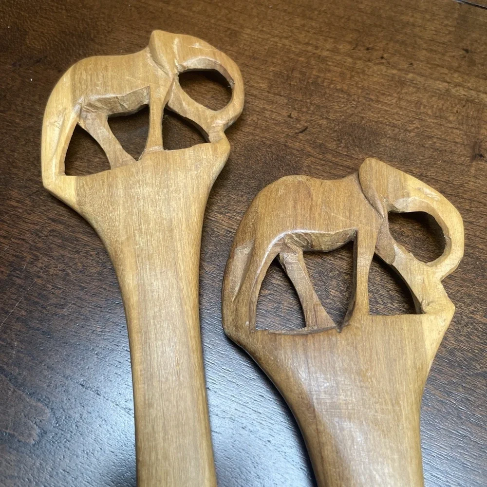 AFRICAN HAND CARVED KENYAN OLIVE WOOD ELEPHANT SALAD SERVERS 2PC SET 12